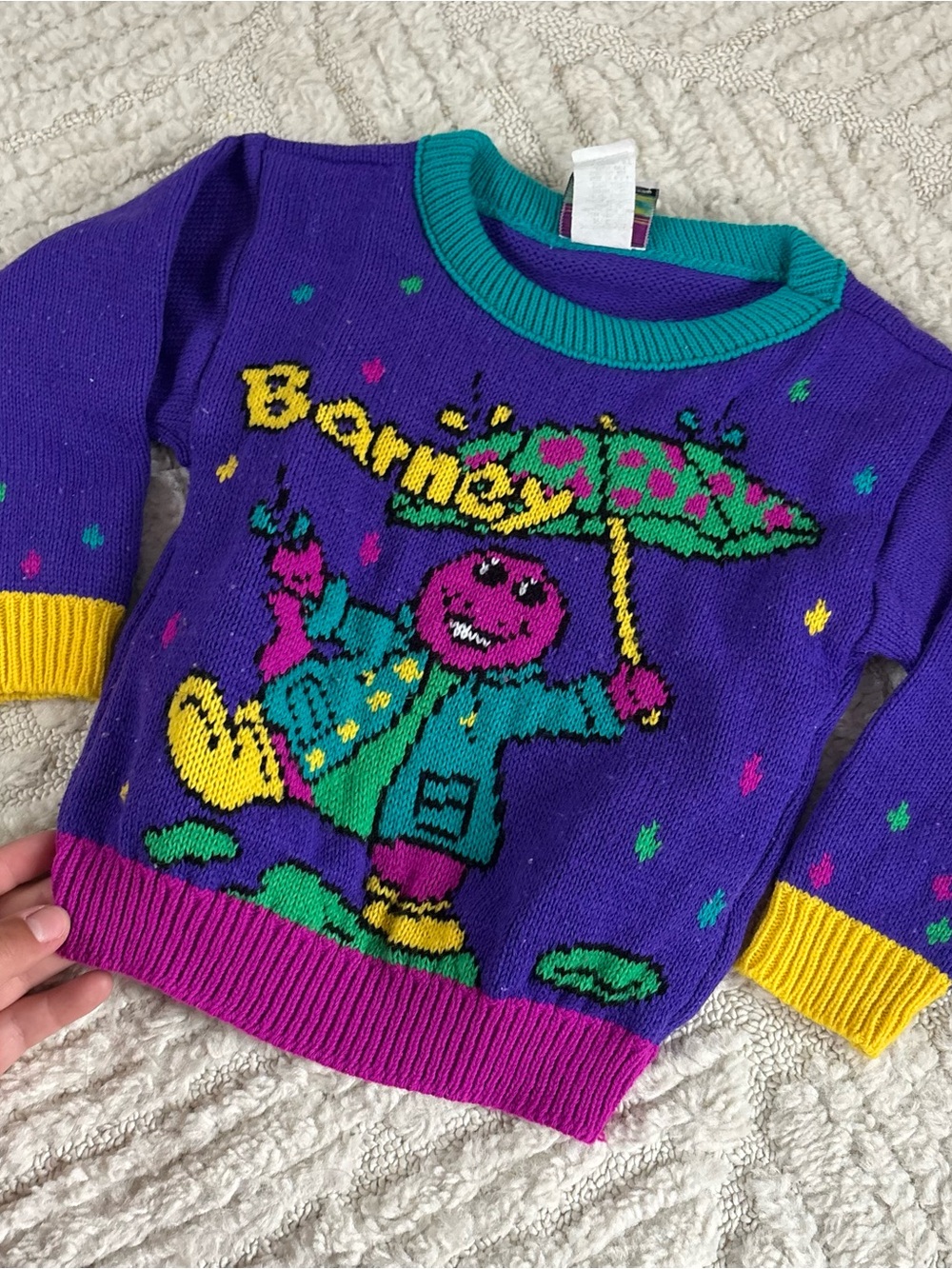 Vintage Purple Barney Kids Sweater with Bright Graphic